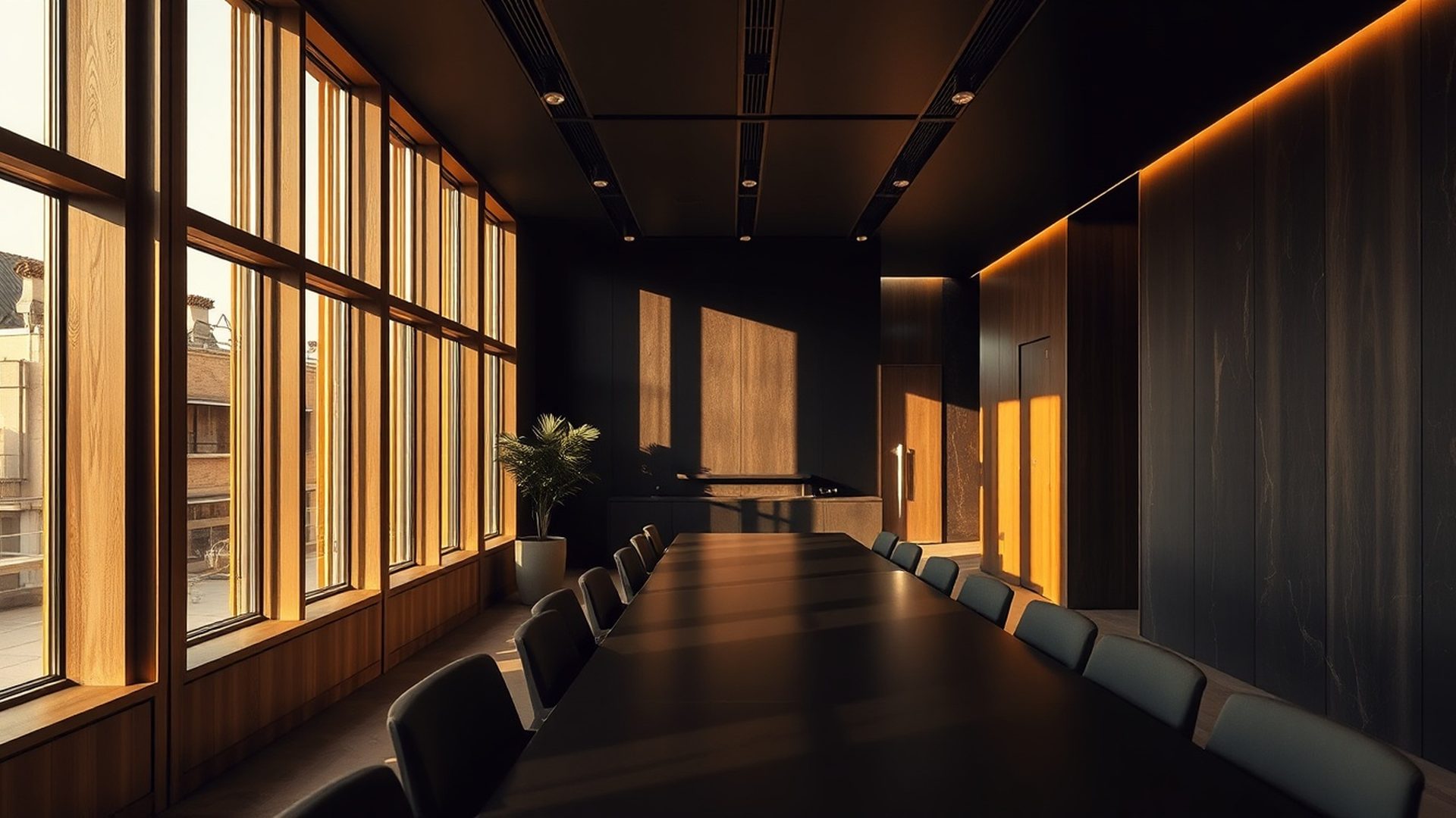 Interior discret de birou din București în paletă charcoal-gold
